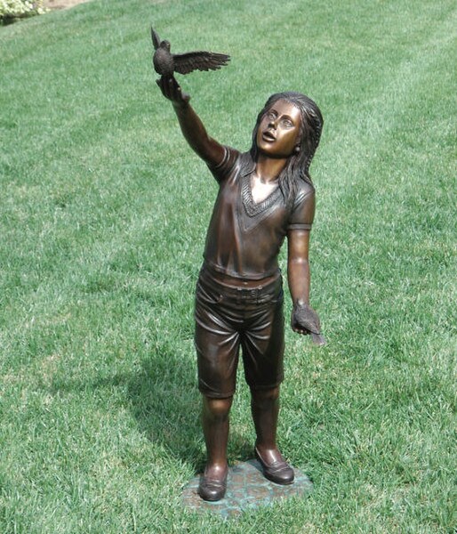 Taking Flight Bronze Girl Sculpture Releasing Birds Garden Statue